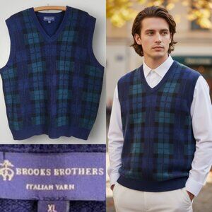 Brooks Brothers Italian Yarn Merino Wool Sweater Vest Blue Tartan Plaid Preppy